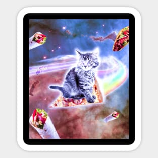 Laser Eyes Space Cat Riding Rainbow Pizza Sticker